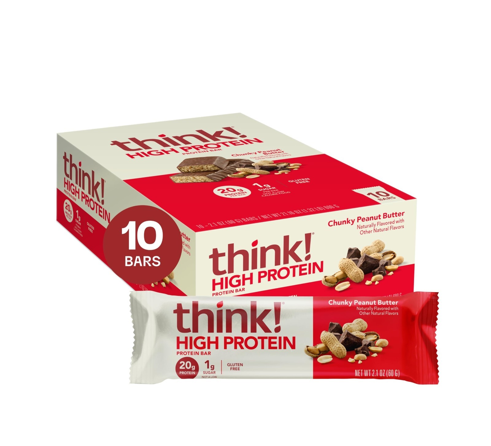 think High Protein Bars Chunky Peanut Butter 20g Protein 10 Count Gluten Free