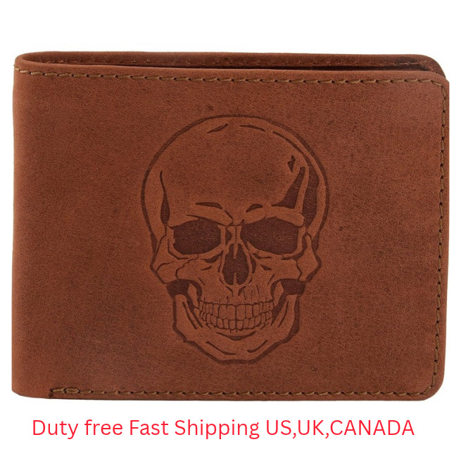 New Genuine Leather Vintage Skull Embossed RFID Men\'s Bifold Cognac Colour New Genuine Leather Vintage Skull Embossed RFID Men\'s Bifold Cognac Colour