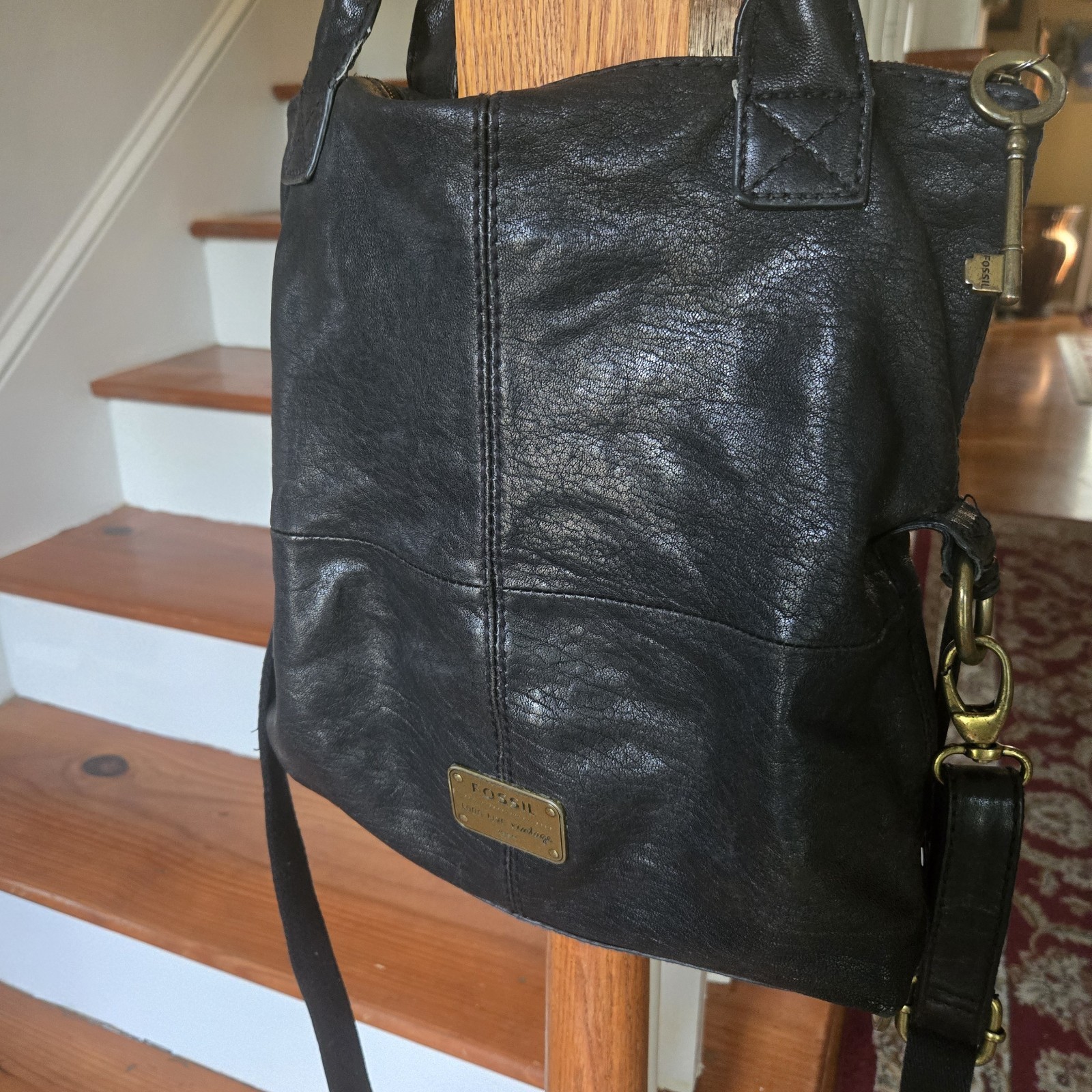 Fossil Long Live Vintage 1954 Tote Bag Satchel - Black Leather Carryall Purse 