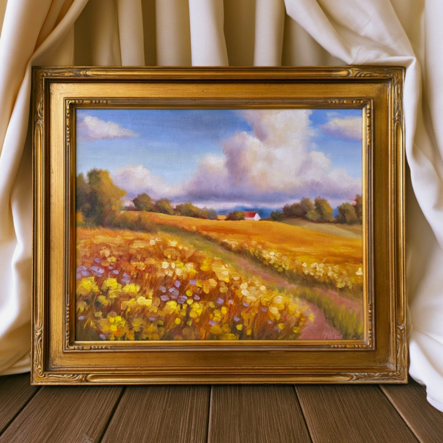 Framed Impressionist Landscape Painting Field Flowers Sky & Clouds Nature Art Framed Impressionist Landscape Painting Field Flowers Sky & Clouds Nature Art
