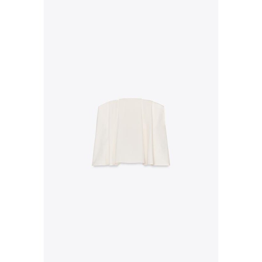 NWT Zara White Strapless Flowy Top M Pleated Front Flared Hem