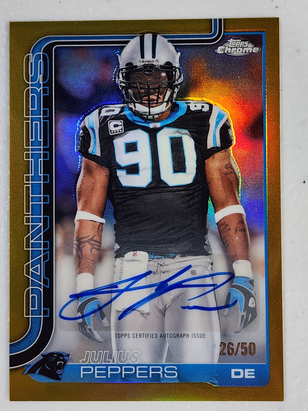 Julius Peppers 2025 Topps Chrome Gold Legends Auto Parallel #26/50 Panthers