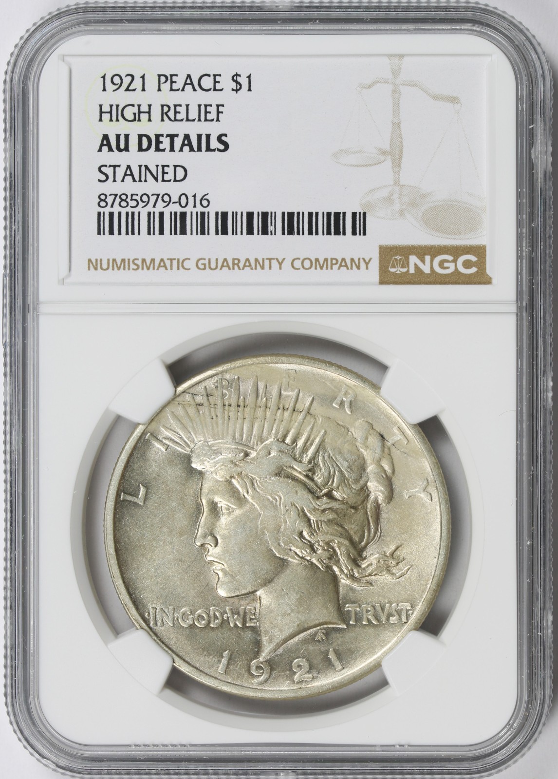 1921 $1 Peace Silver Dollar NGC AU Details Stained High Relief Key Date
