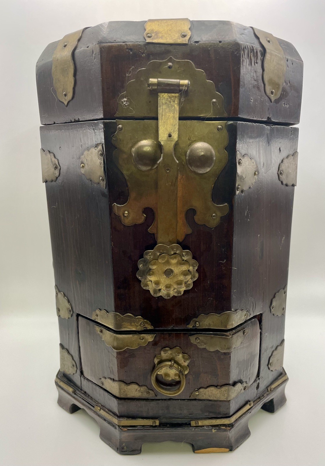 Vintage Chinese Hexagonal Wood And Brass Lined Tea Caddy With Drawer Hinged Top Vintage Chinese Hexagonal Wood And Brass Lined Tea Caddy With Drawer Hinged Top