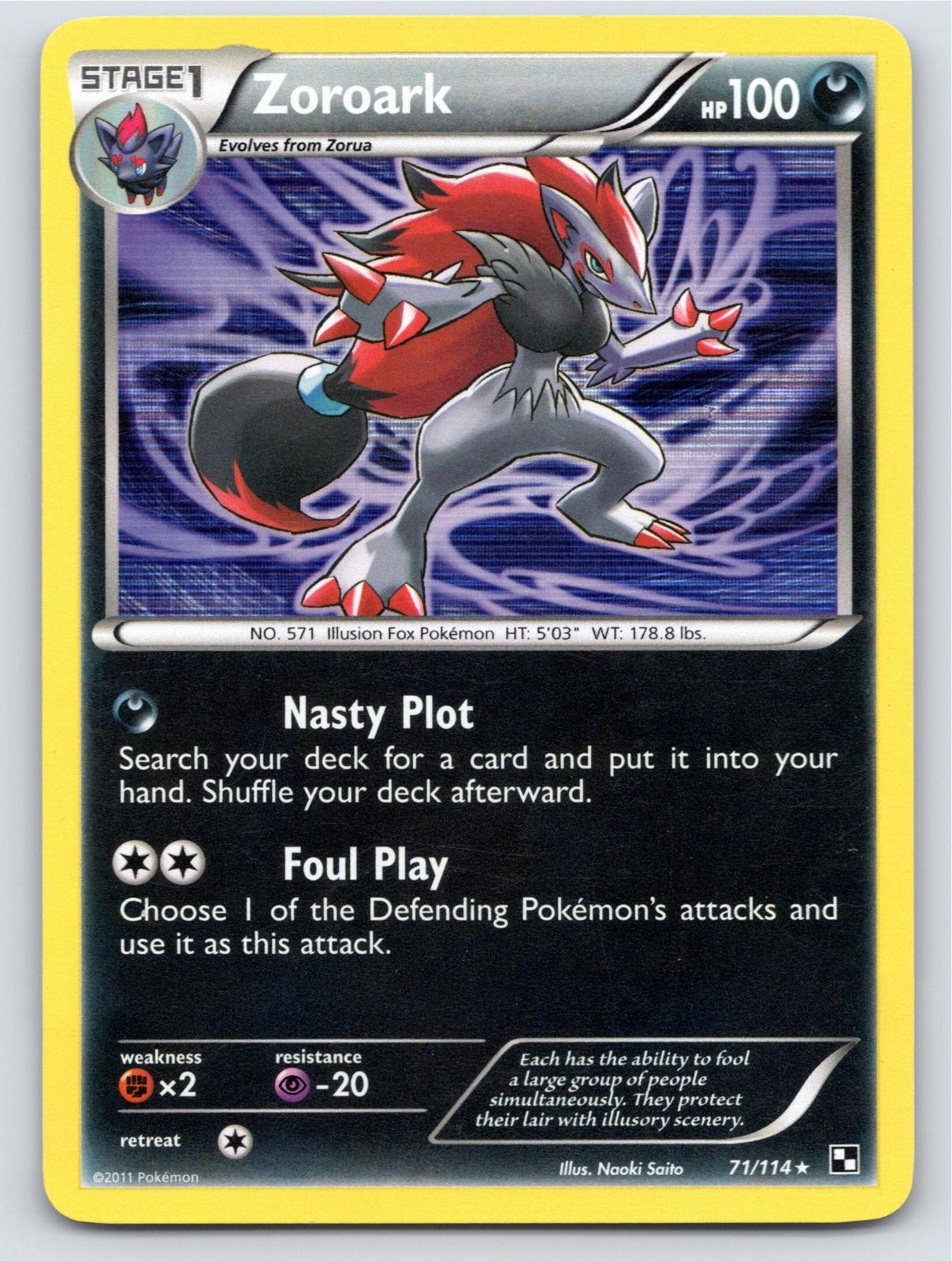 2011 POKEMON BLACK & WHITE ZOROARK 71/114 HOLO R NM A99287 FREE S&H 2011 POKEMON BLACK & WHITE ZOROARK 71/114 HOLO R NM A99287 FREE S&H