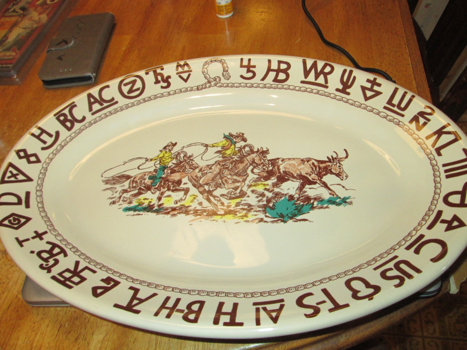 True West Westward Ho Rodeo Pattern Oval Ceramic Serving Platter, 15 1/2\ True West Westward Ho Rodeo Pattern Oval Ceramic Serving Platter, 15 1/2\