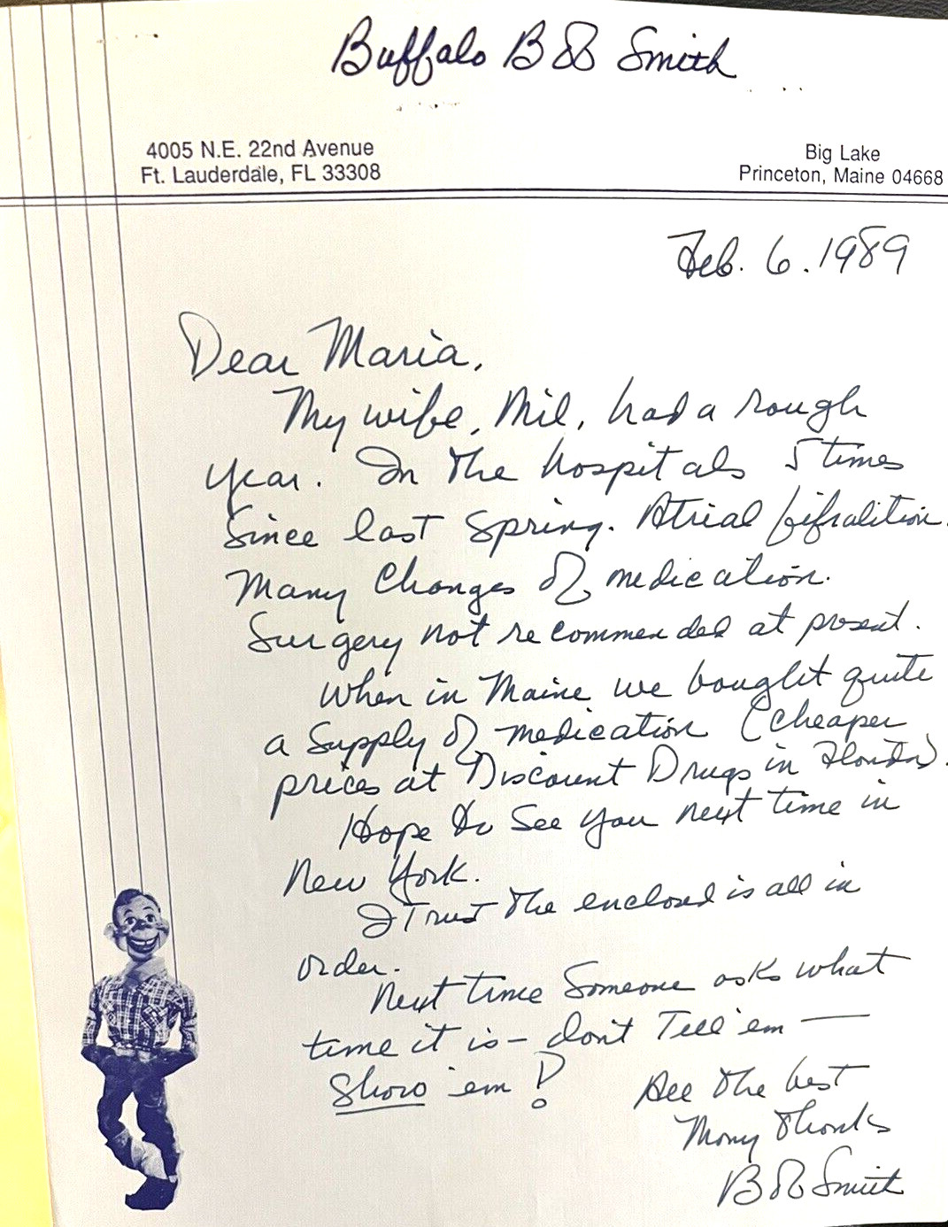HOWDY DOODY BUFFALO BOB SMITH ORIG. 1989 SIGNED ALL-HANDWRITTEN LETTER