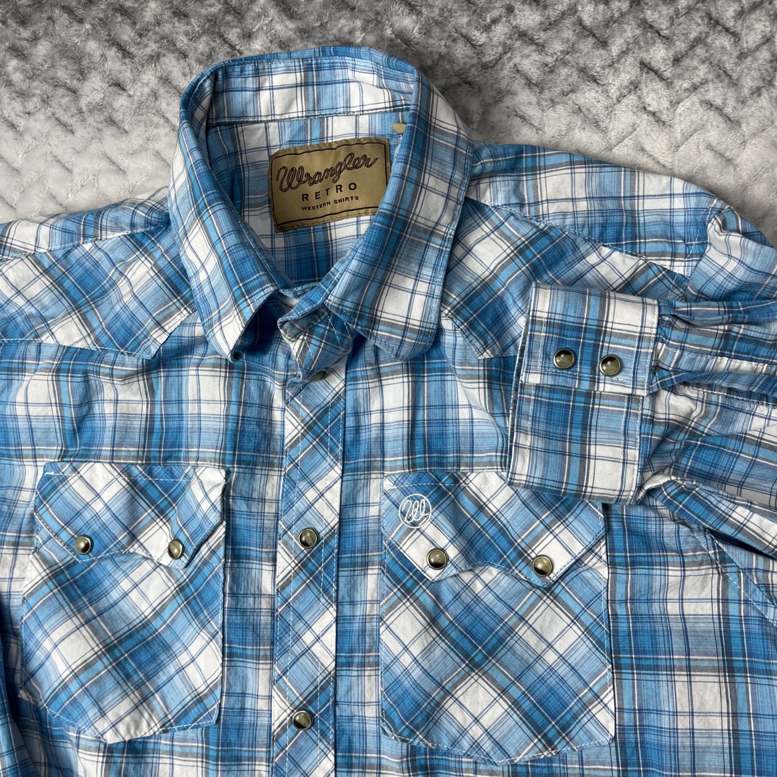 Wrangler Retro Western Shirt Mens XXL Pearl Snap Plaid Blue Sawtooth Wrangler Retro Western Shirt Mens XXL Pearl Snap Plaid Blue Sawtooth