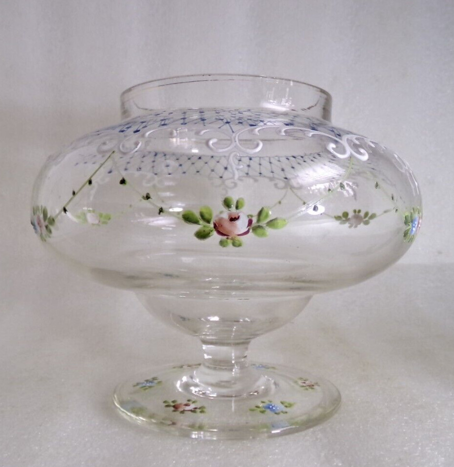 Antique Czech BOHEMIAN Vase Hand Painted Enamel Dainty Rose Forget Me Not c 1910