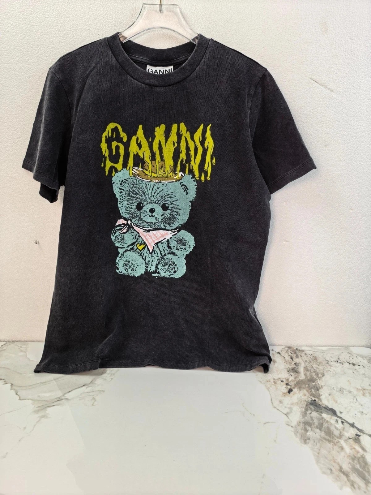 Ganni Women's Gray bear Graphic Short Sleeve Crewneck T-Shirt Ganni Women's Gray bear Graphic Short Sleeve Crewneck T-Shirt