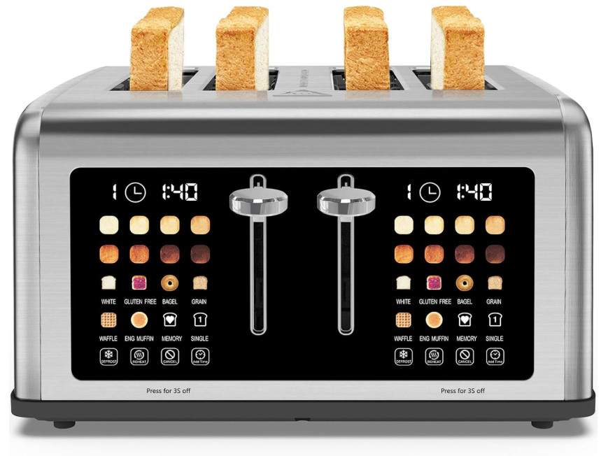 Tostadora 4 Rebanadas Pantalla Táctil, 8 Niveles, 6 Tipos de Pan, 1650W Plateada