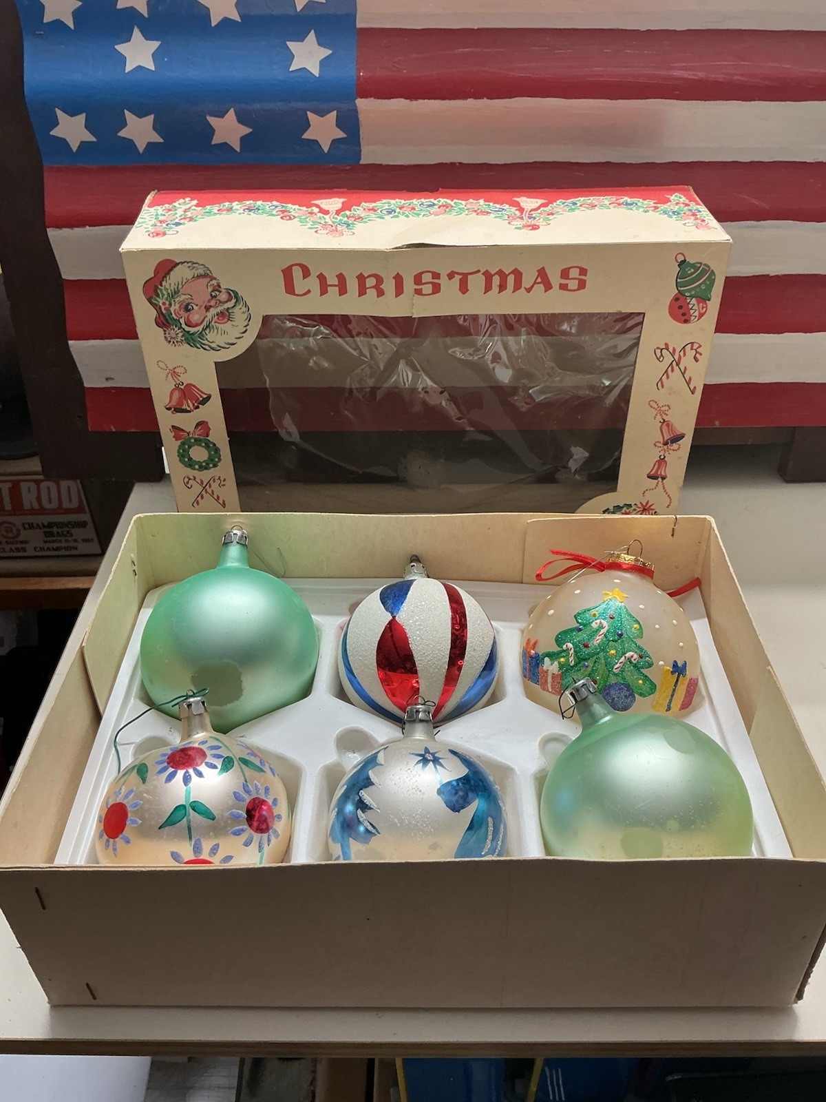 vintage 6 Poland jumbo Christmas mercury glass ornaments with box