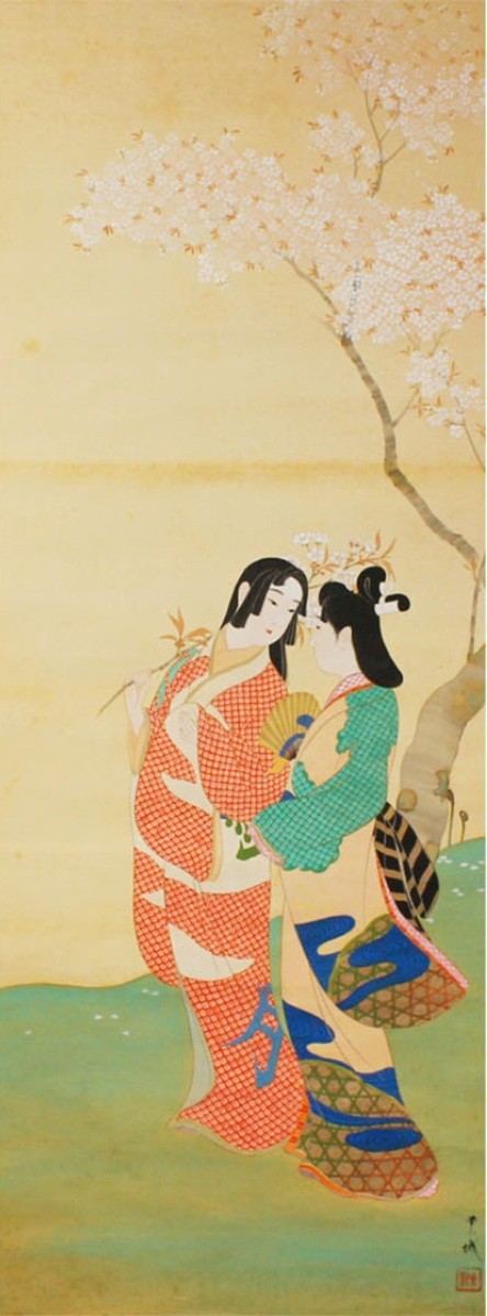 Original Japanese Hanging Scroll Kakejiku Cherry Blossom Geisha Kimono Silk Box