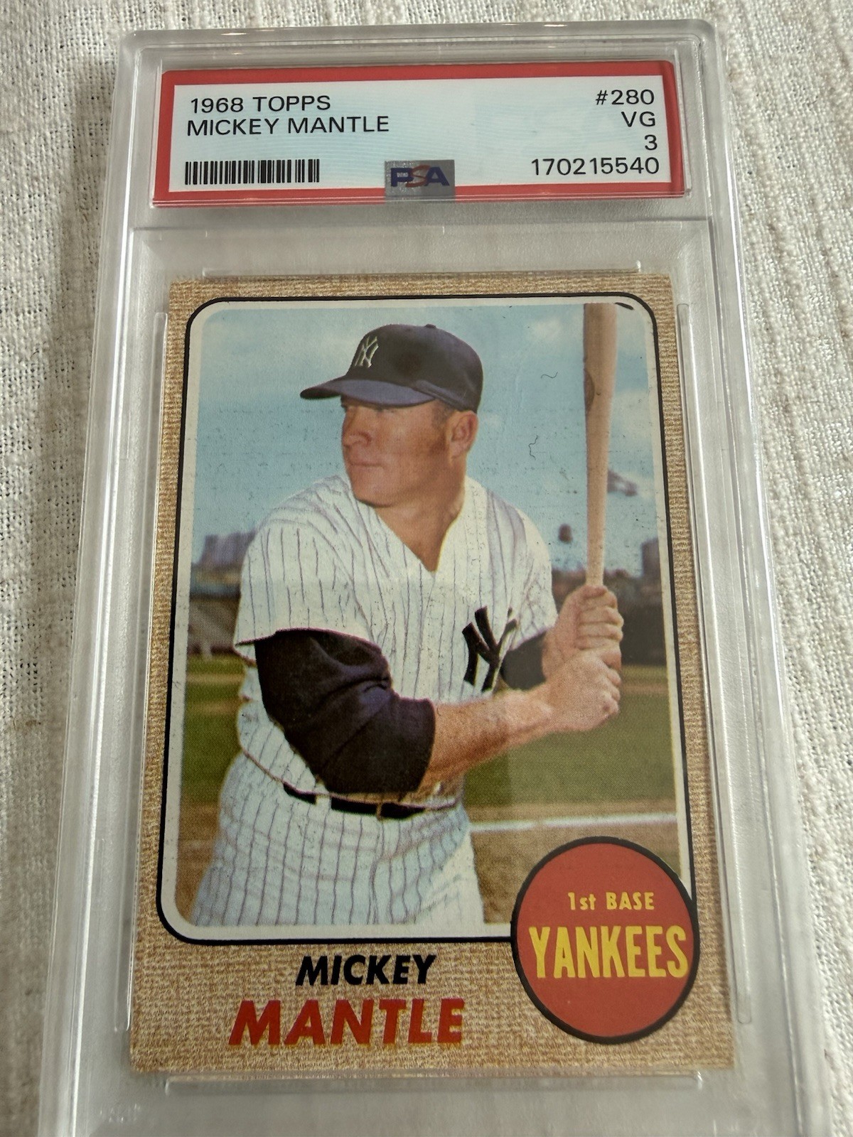 1968 Topps Card #280, MICKEY MANTLE,  New York Yankees,  KSA 3 Graded