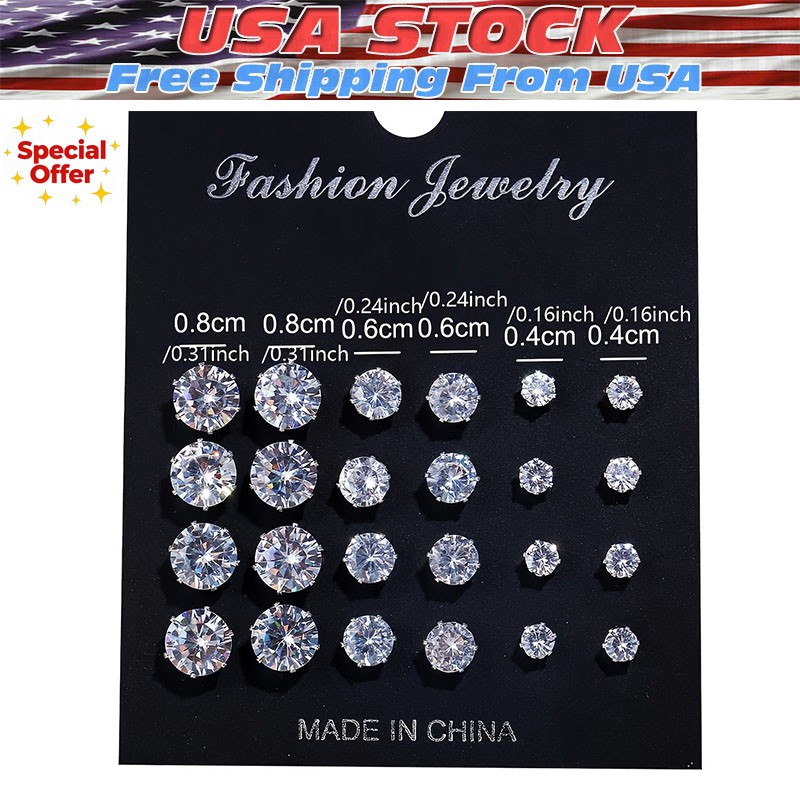Silver Alloy Zircon Stud Earrings Set 12 Pairs Round Six Prong for For CRYSTAL Silver Alloy Zircon Stud Earrings Set 12 Pairs Round Six Prong for For CRYSTAL