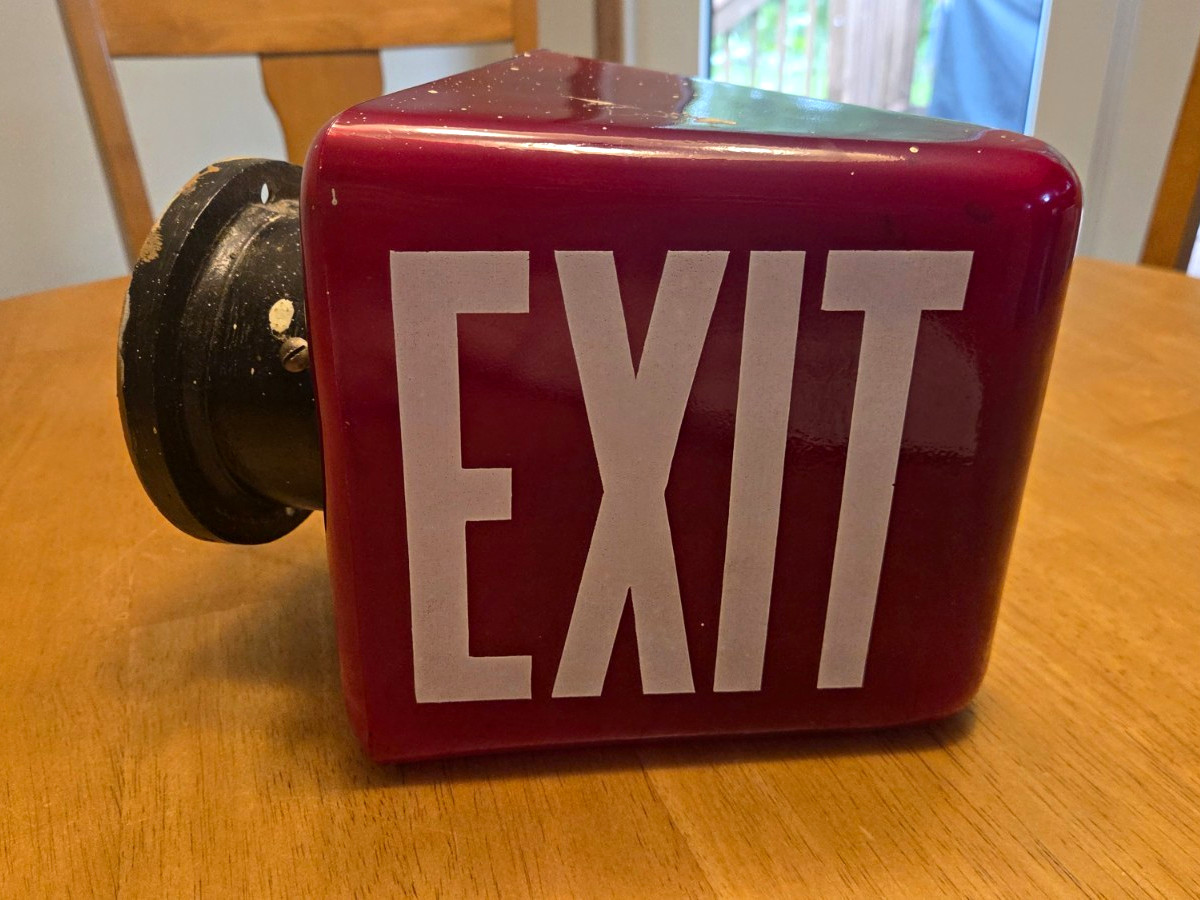 Vintage Original Kopp Ruby Red Triangular EXIT Sign Light Fixture Wall Mount Vintage Original Kopp Ruby Red Triangular EXIT Sign Light Fixture Wall Mount