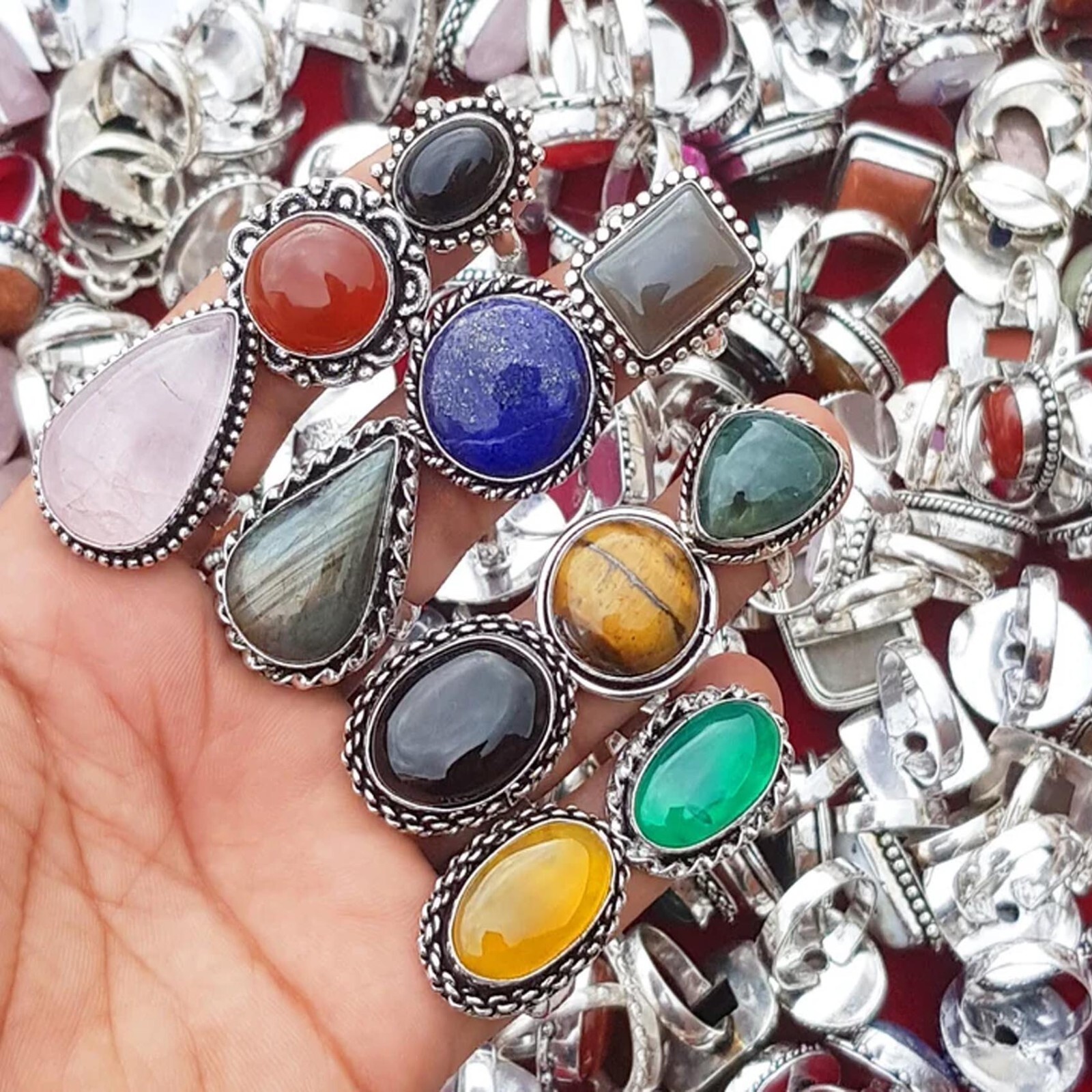 300 Pcs Wholesale Lot Assorted natural Gemstone Oxidized Ring US Size 5-11 SS002