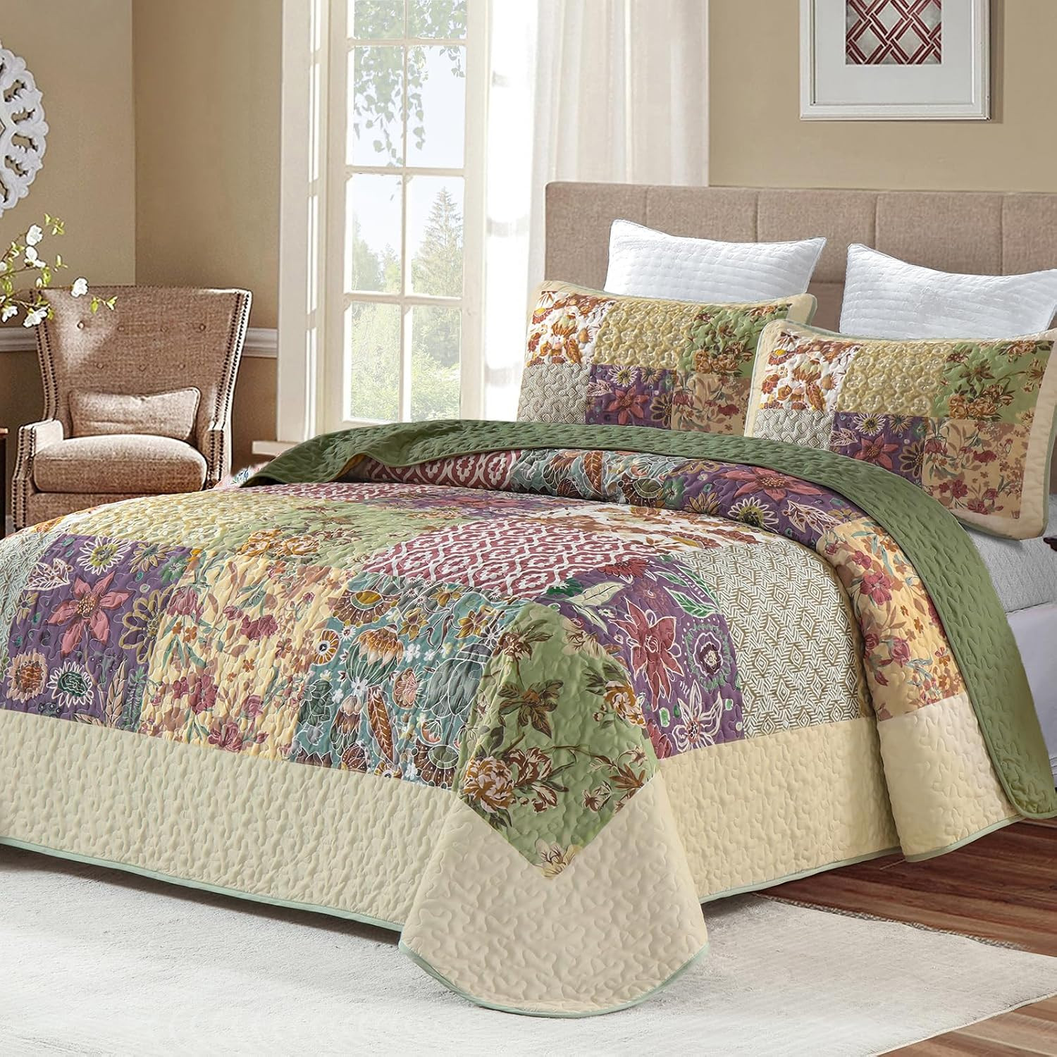 Patchwork Quilt Set King Size, Bohemian Floral Bedspread Green & Beige Coverlet