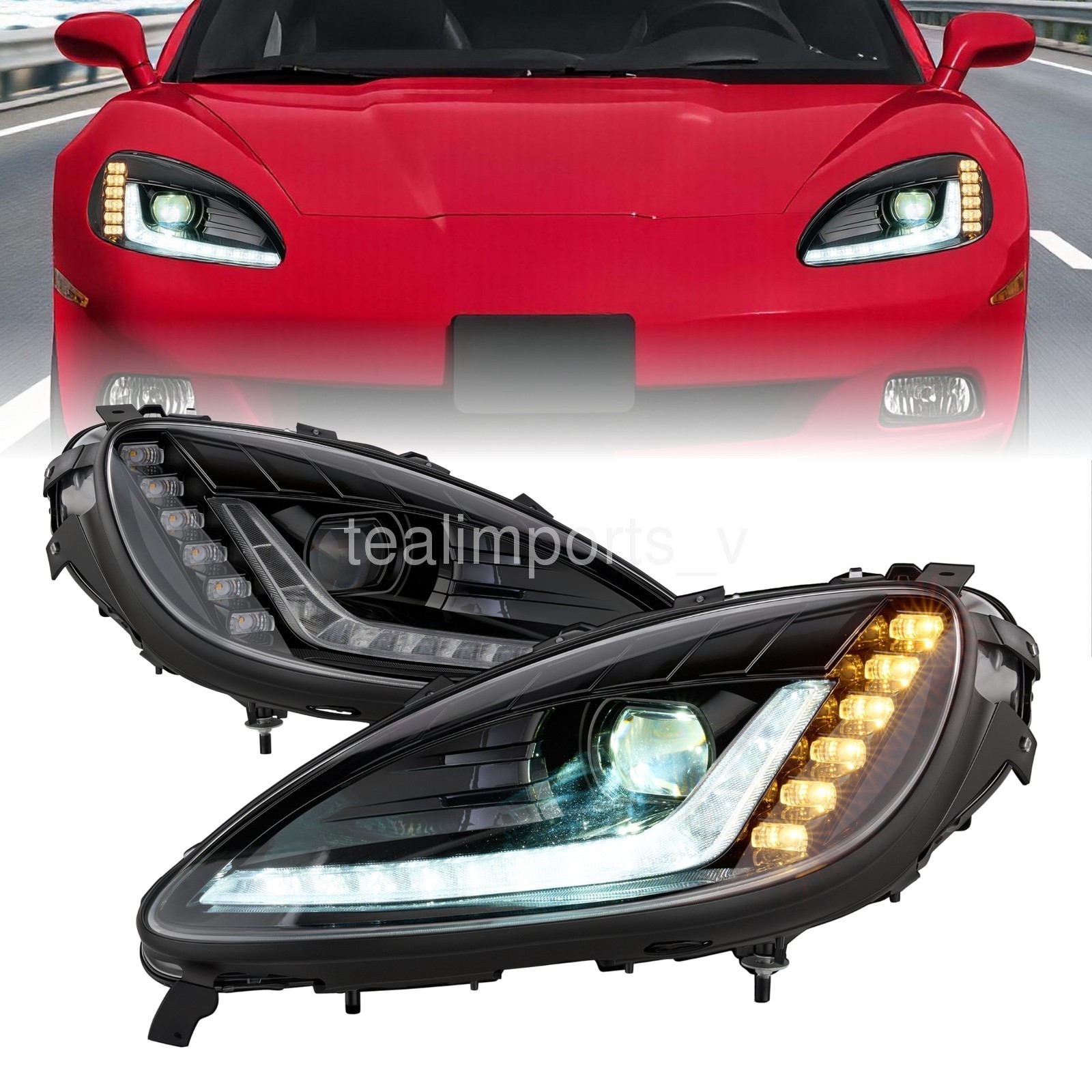 VRC Black LED Sequential Projector Headlight For Chevy Corvette C6 2005-2013