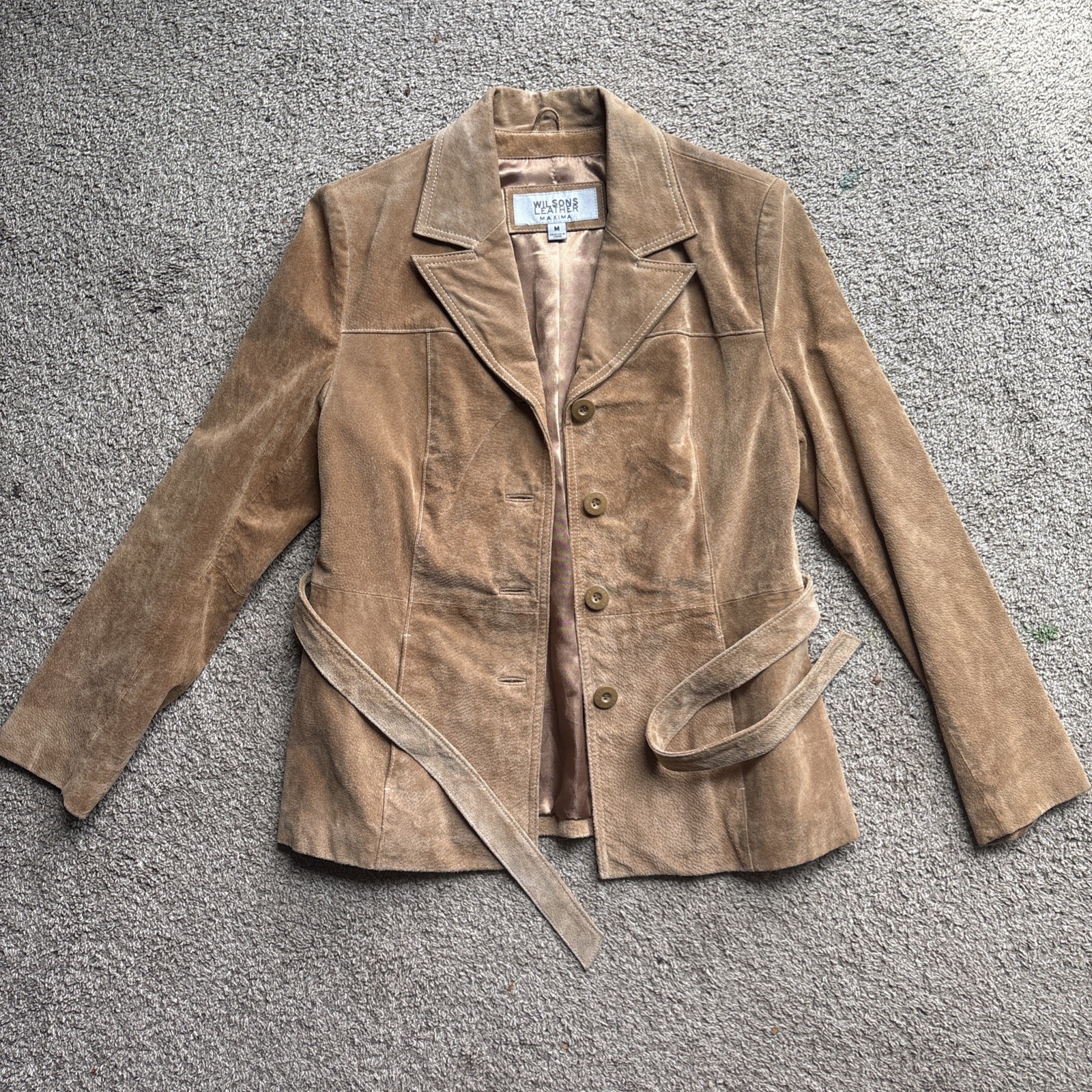 WILSON\'S LEATHER Maxima Beige Suede Leather Belt-Waist Trench Coat Women\'s M WILSON\'S LEATHER Maxima Beige Suede Leather Belt-Waist Trench Coat Women\'s M