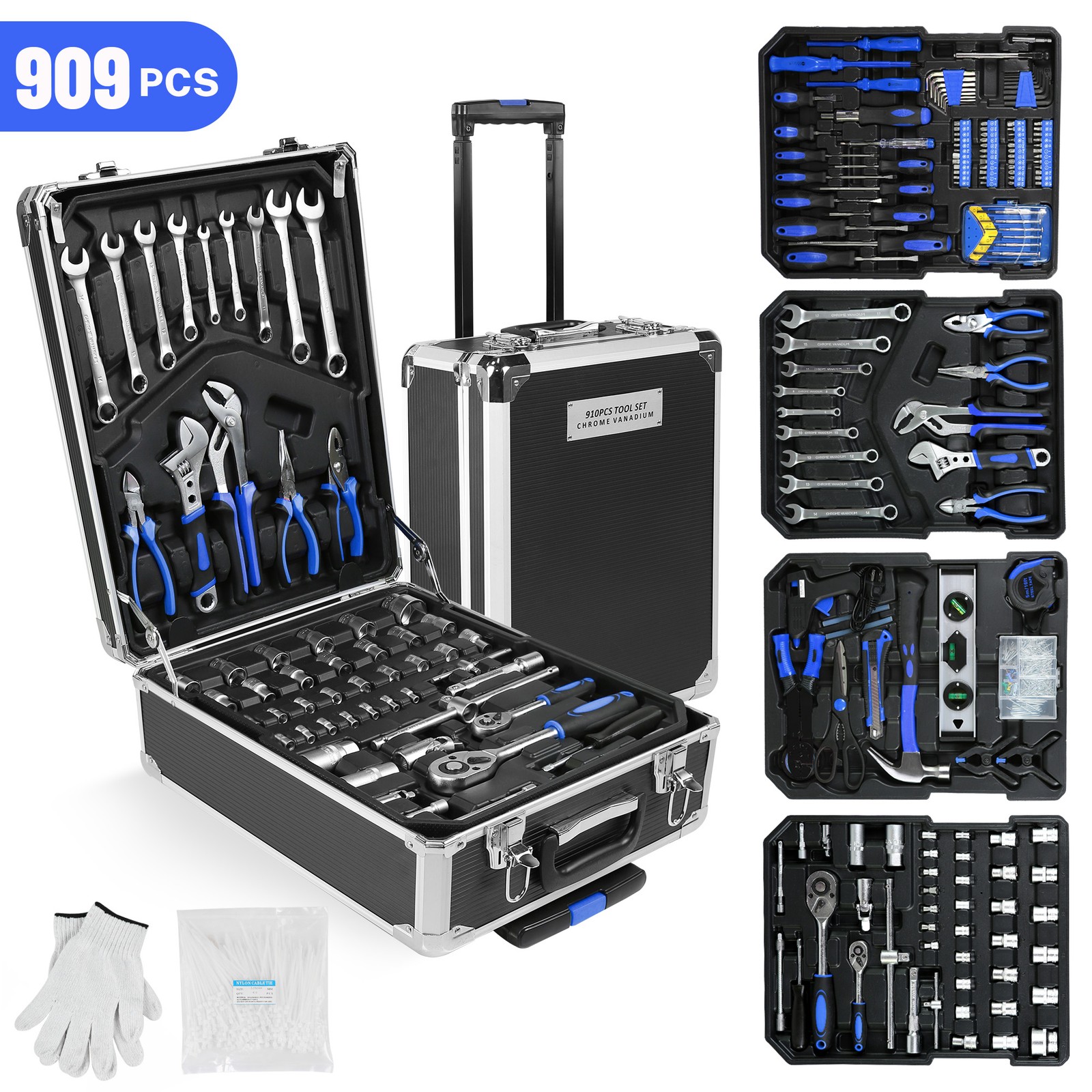 Silver 909PCS Mechanics Tool Kit Socket Wrenches With Rolling Trolley Case