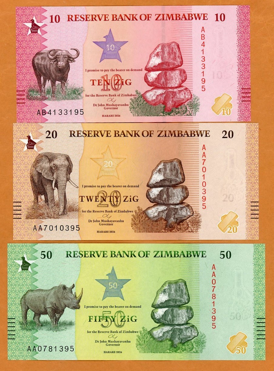 Set Zimbabwe, 10-20-50 ZiG, 2026, P-New, Buffalo, Elephant, Rhyno UNC