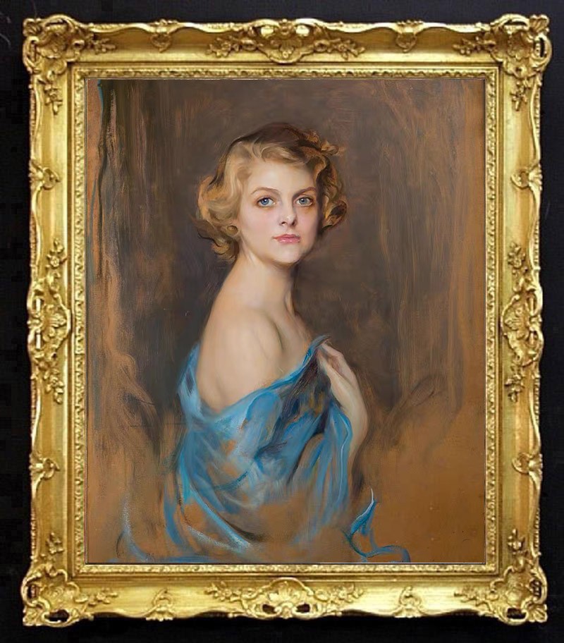 Hand Painted Oil Painting Elegant Blonde Lady in Blue Dress Portrait Vintage