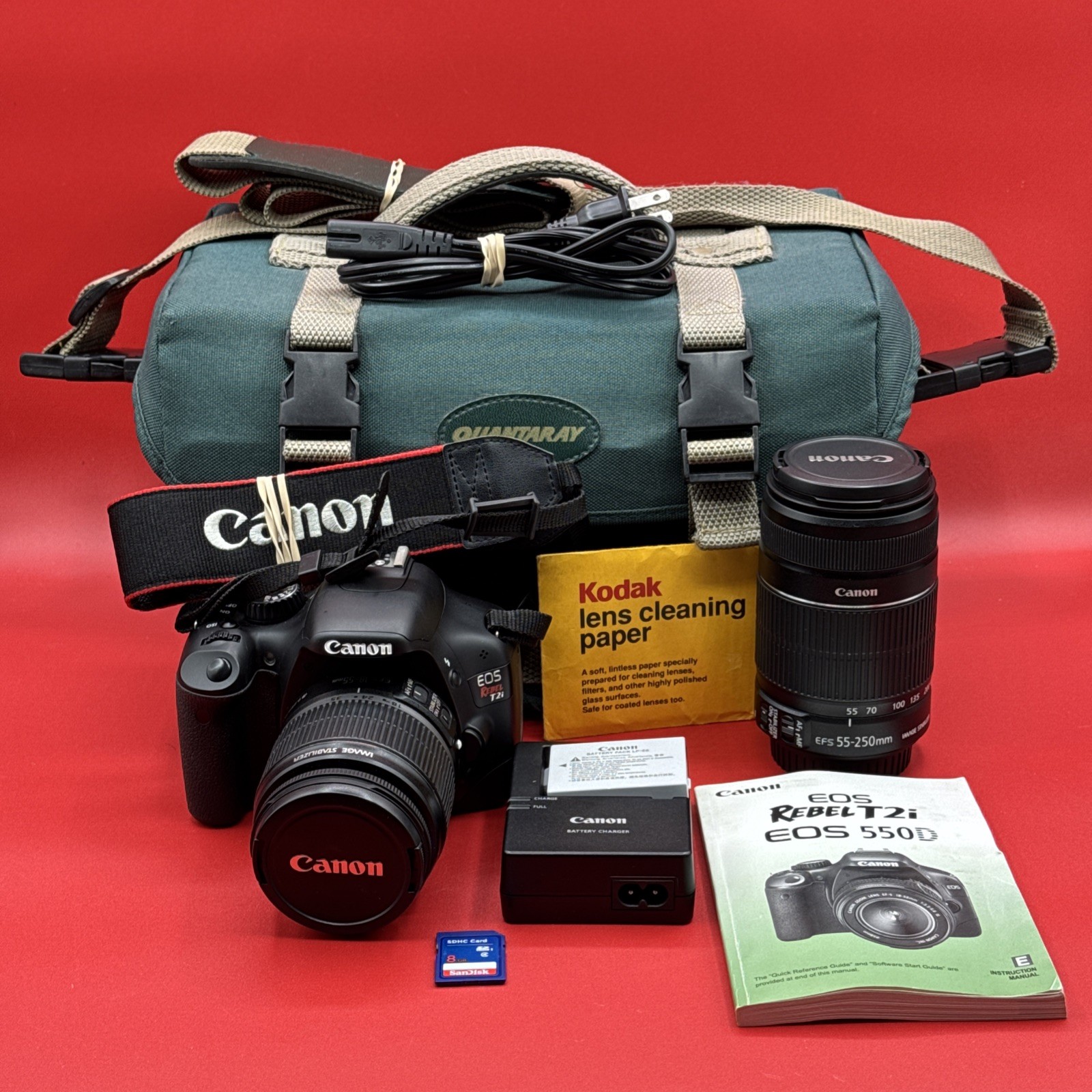 Canon EOS Rebel T2i DSLR Camera w/18-55mm 55-250mm IS Lenses/SD Card/Tested