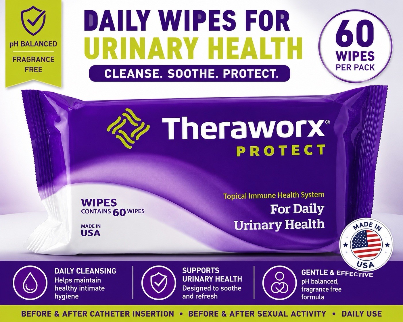 Theraworx Protect Daily Urinary Health Cleansing Wipes 60 Count Fragrance Free
