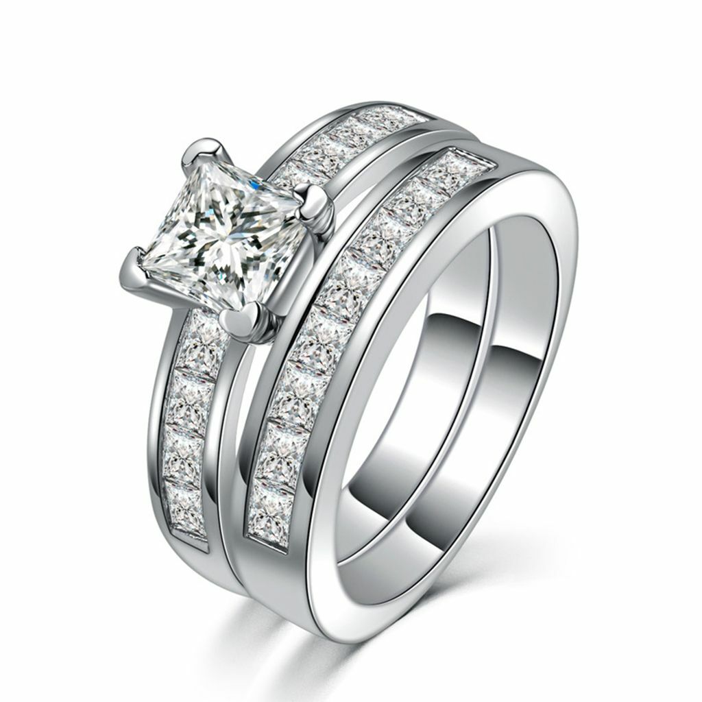 Stunning Princess Cut CZ Stainless Steel Wedding Ring Band Set Women\'s Size 6-10 Stunning Princess Cut CZ Stainless Steel Wedding Ring Band Set Women\'s Size 6-10