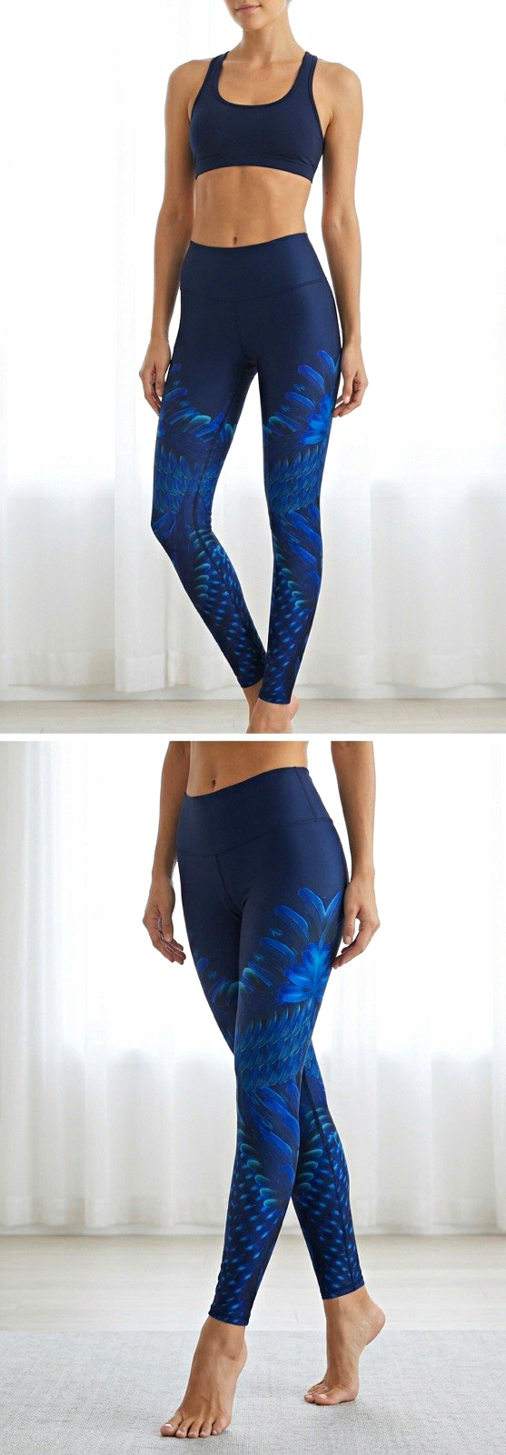 ALO Yoga Navy Blue Airbrush Leggings Blue Feather Print Women\'s M