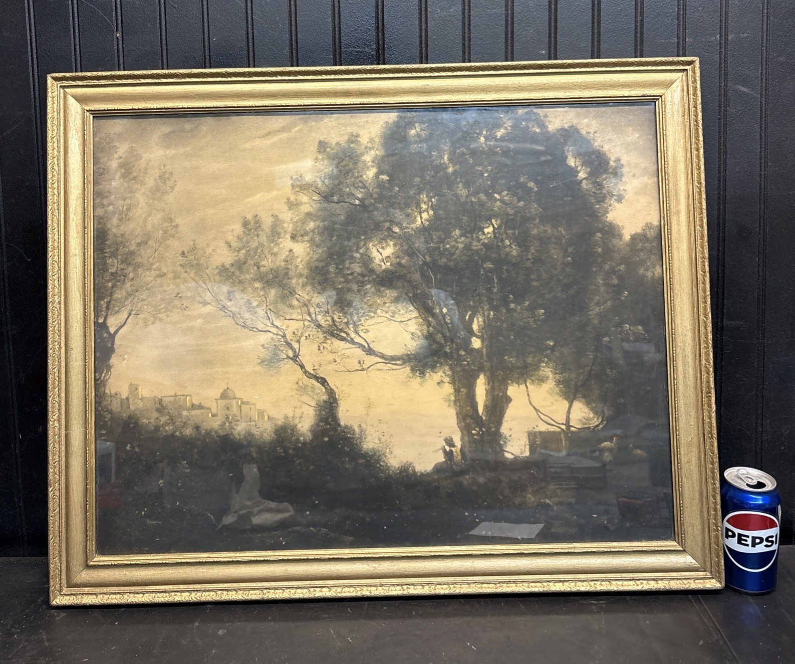 Vtg Italian European Landscape City Sheep Shepherd Resting Hill Tree Gold Frame Vtg Italian European Landscape City Sheep Shepherd Resting Hill Tree Gold Frame