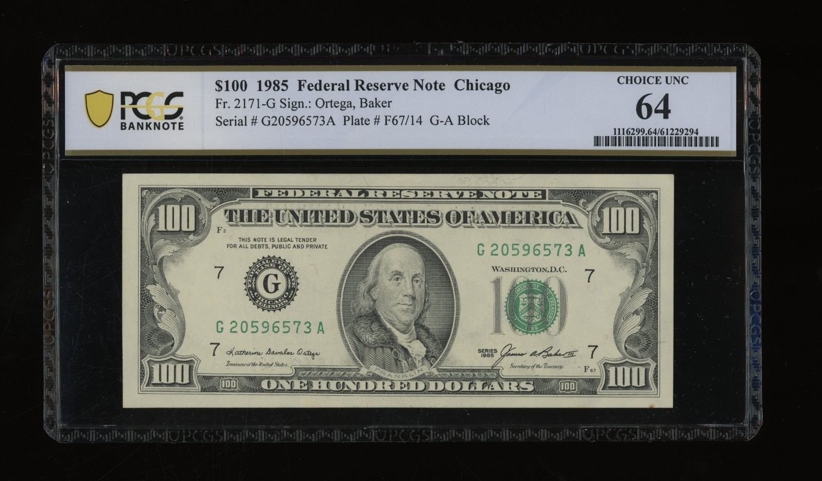 DBR 1985 $100 FRN Chicago Fr. 2171-G PCGS-B 64 Serial G20596573A