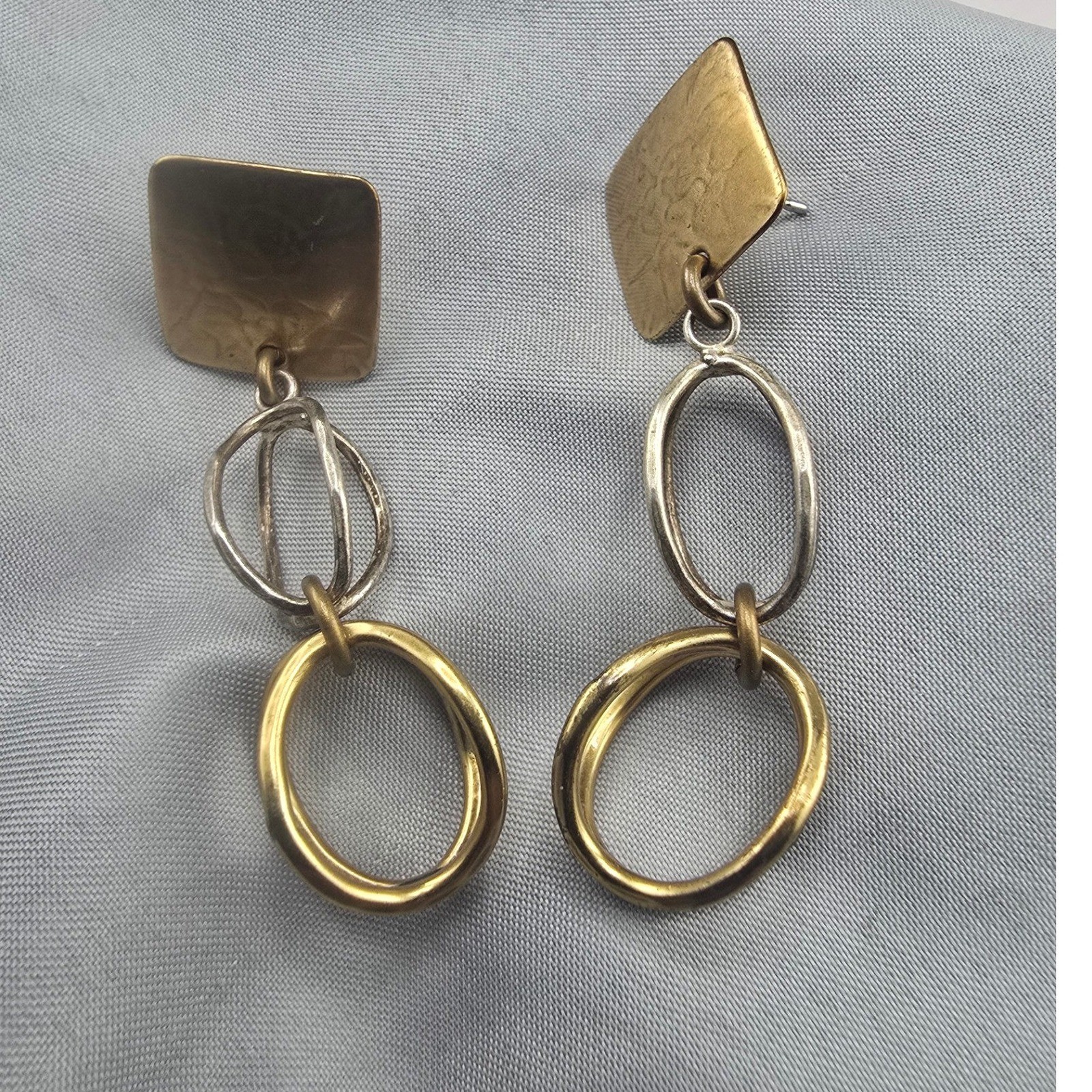 Vintage Marjorie Baer Earrings Gold Silver Tone Hammered Geometric Dangle 2.25