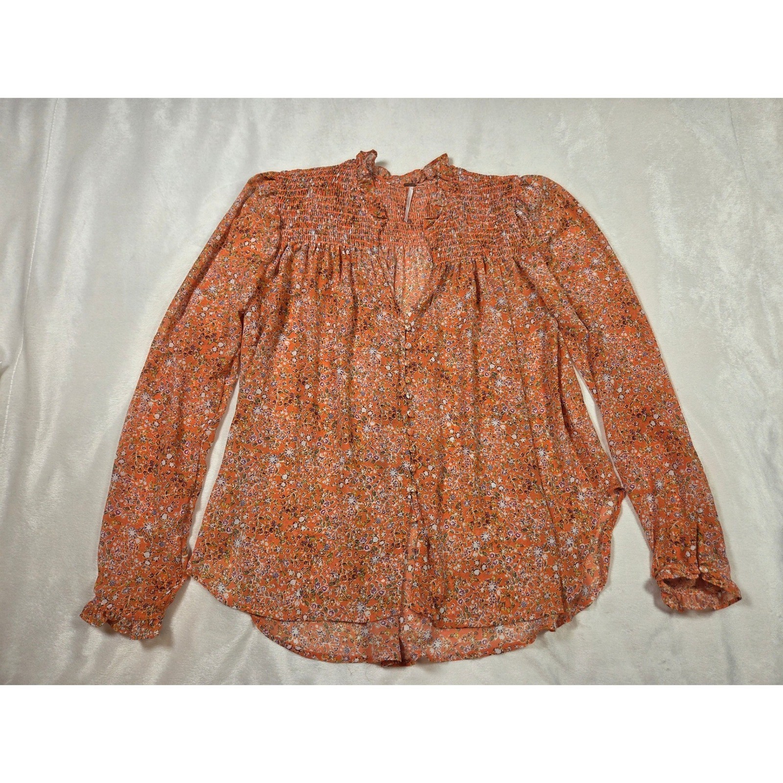 Free People Lela Blouse S Coral Orange Floral Smocked Ruffle Boho Peasant