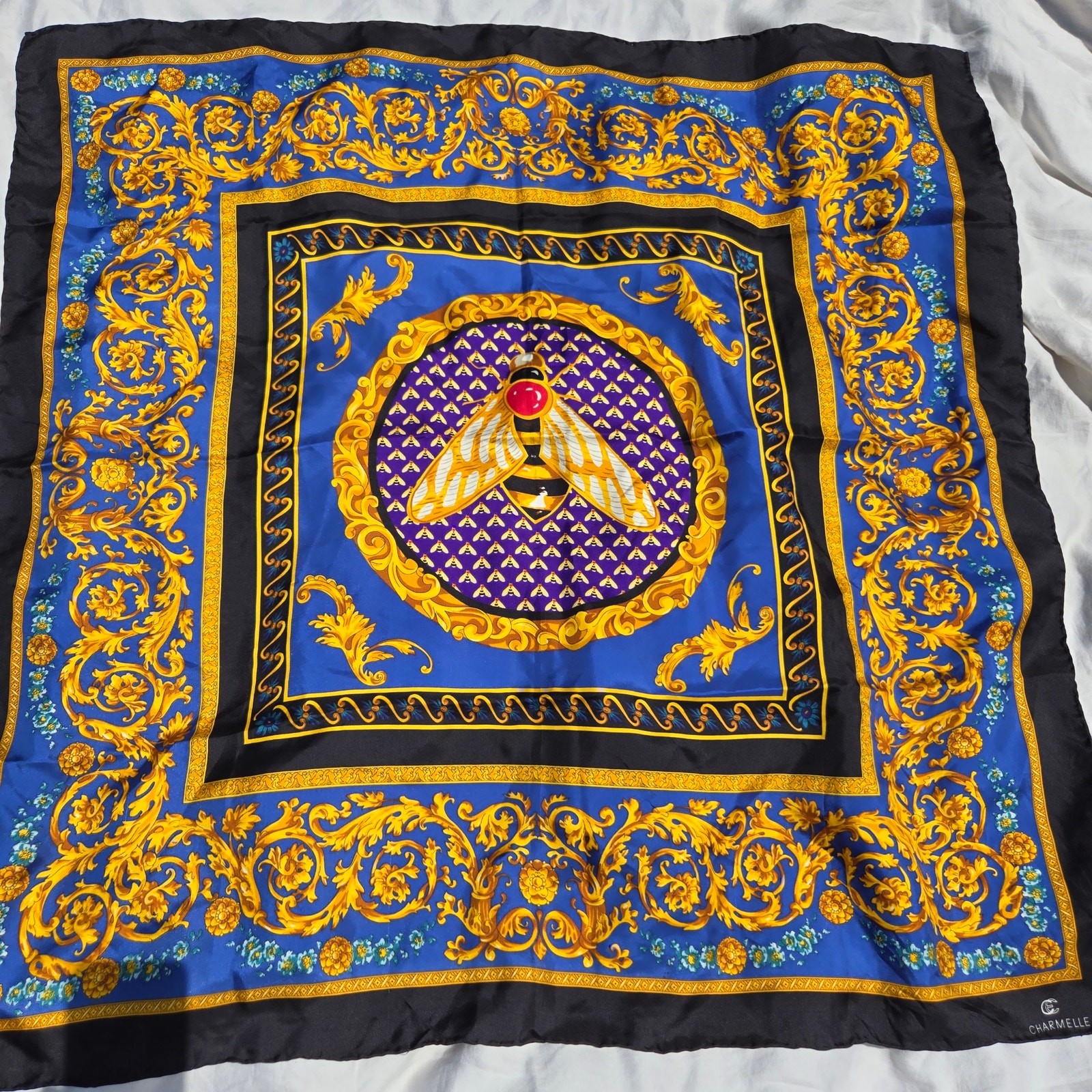 Vintage Charmelle Queen Bee Silk Scarf Rolled Hem Blue Gold Black Vintage Charmelle Queen Bee Silk Scarf Rolled Hem Blue Gold Black