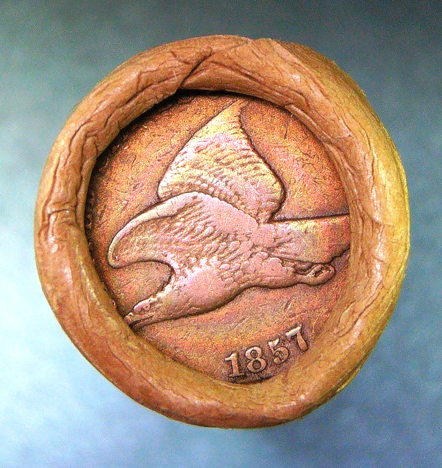 VERY NICE VF + 1857 FLYING EAGLE RAINBOW PATINA AND A VF+ KEY V.D.B. ENDS R-504