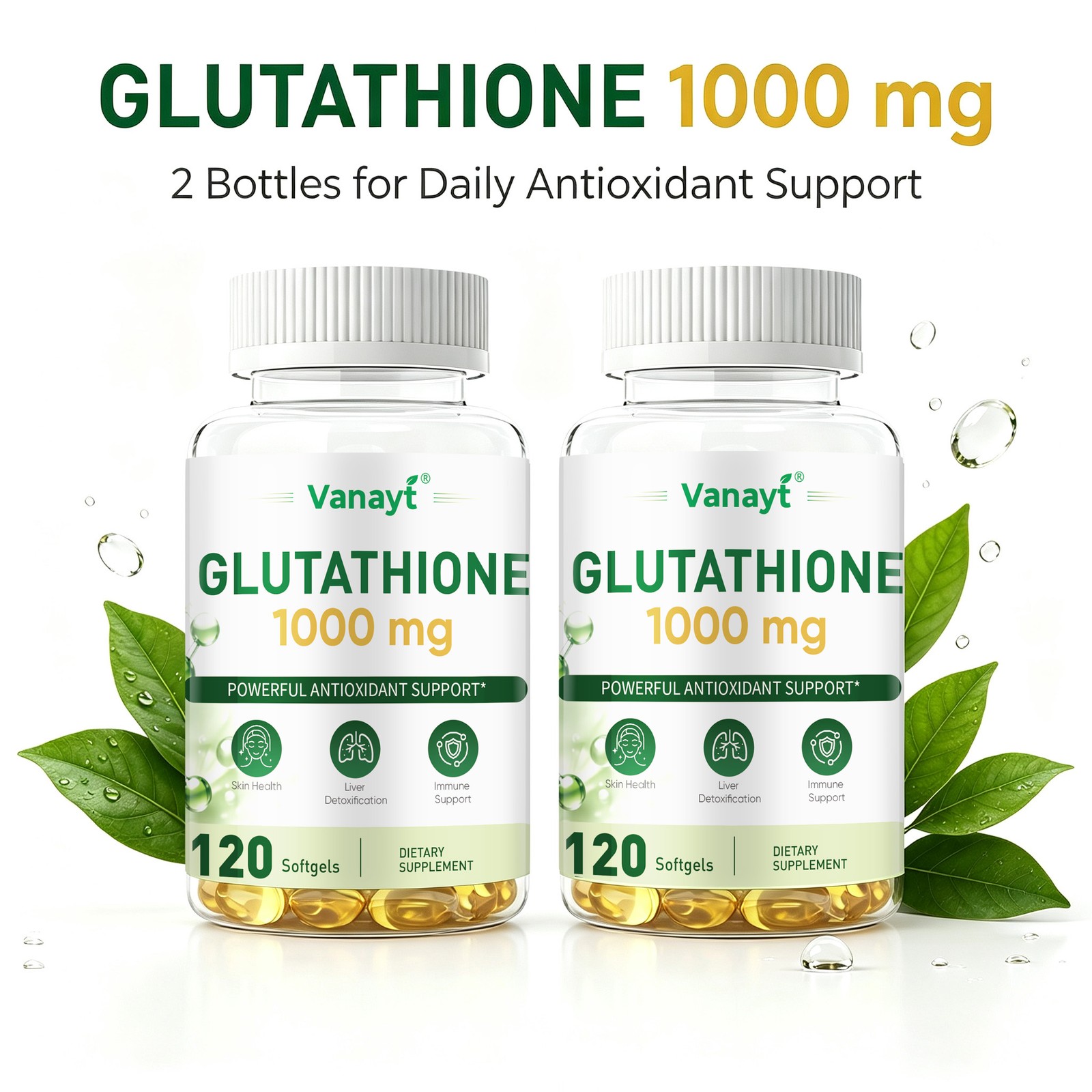 2Bottles L-Glutathione 1000mg – Antioxidant, Liver, Immune & Cell Health Support