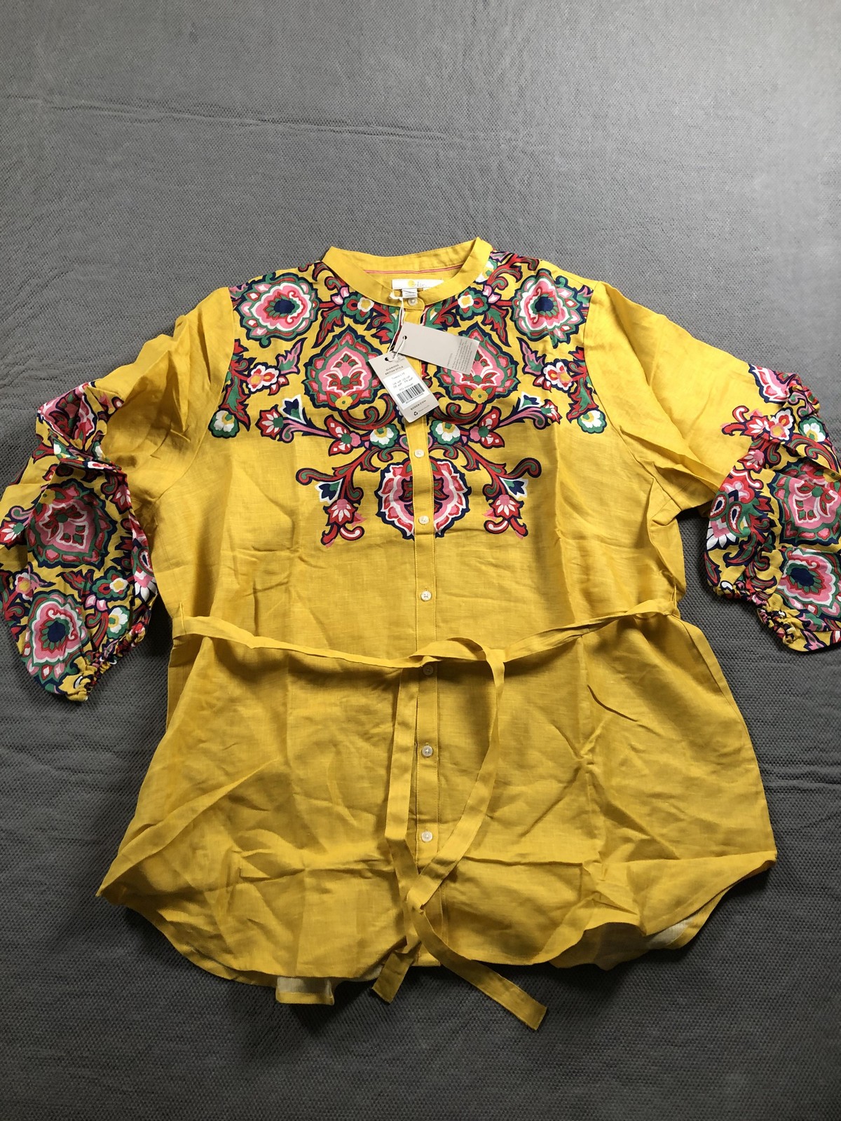 Boden Blouse Womens 12P Yellow Floral Linen 3/4 Puff Sleeve Tunic Boho NWT