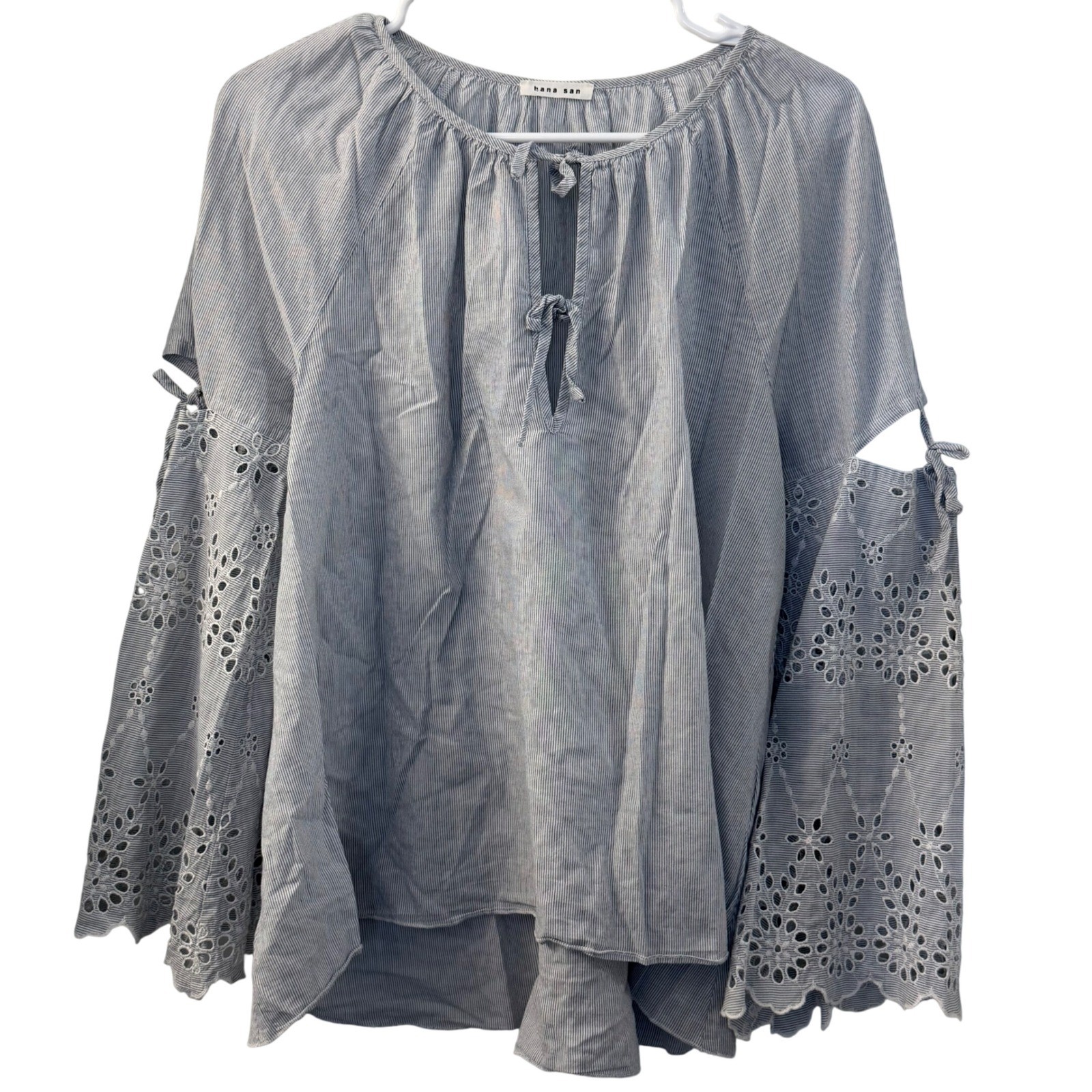 Hana San Blue White Striped Eyelet Bell Sleeve Cotton Blouse Top Womens 38 M