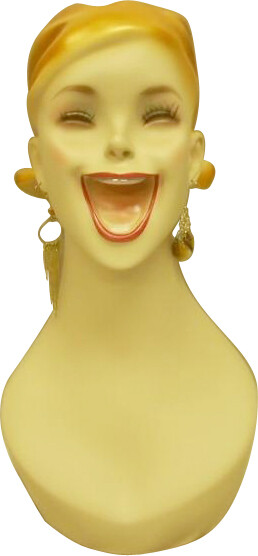 Artistic Vintage Fiberglass Adult Female Smiling Mannequin Head with Molded Hair Artistic Vintage Fiberglass Adult Female Smiling Mannequin Head with Molded Hair