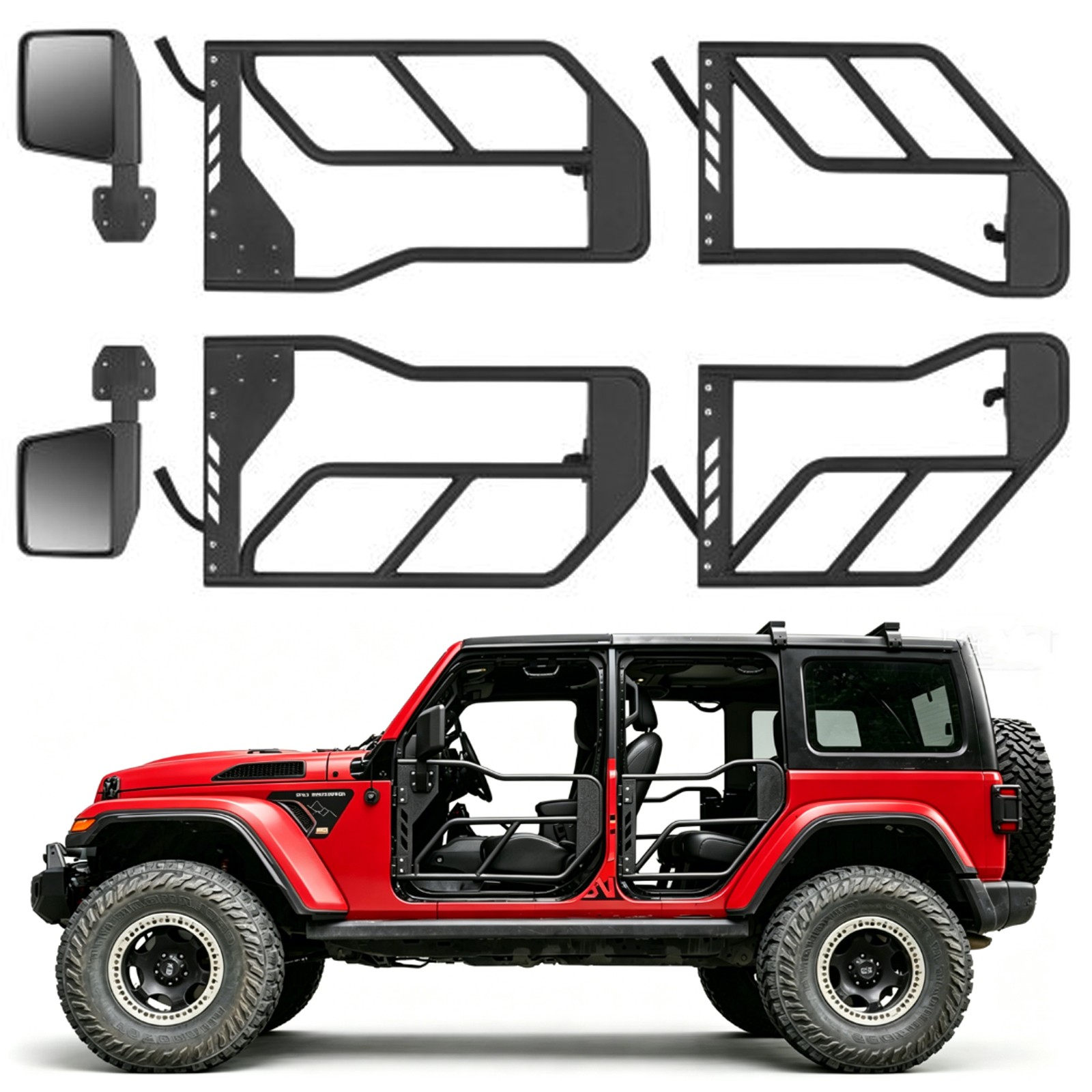 For 2018-2026 Jeep Wrangler JL JLU & JT 4Door Half Tube Tubular Doors W/ Mirrors