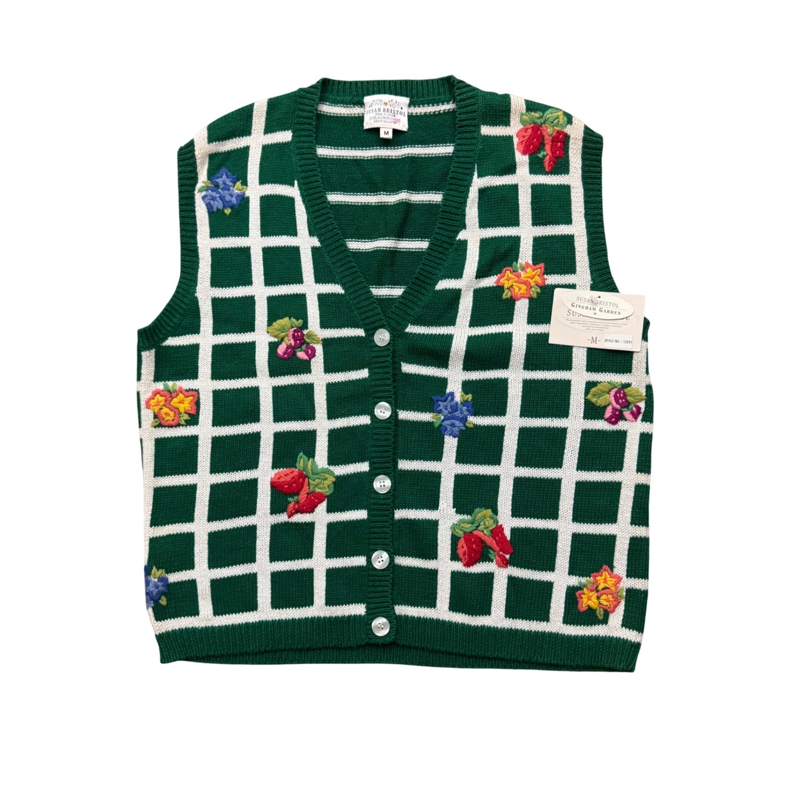 Vintage Susan Bristol Gingham Garden Hand Embroidered Floral Granny Sweater Vest Vintage Susan Bristol Gingham Garden Hand Embroidered Floral Granny Sweater Vest