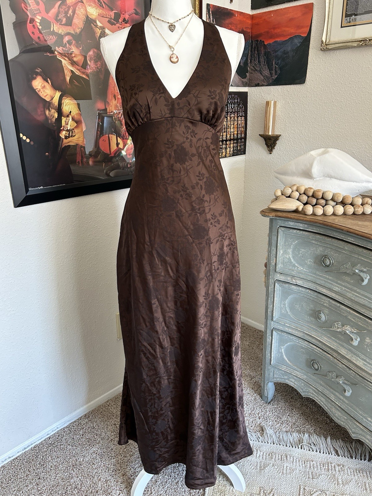 90s Y2k Whimsigoth Brown Slip Dress Size XL Babydoll Floral Witchy Grunge Halter
