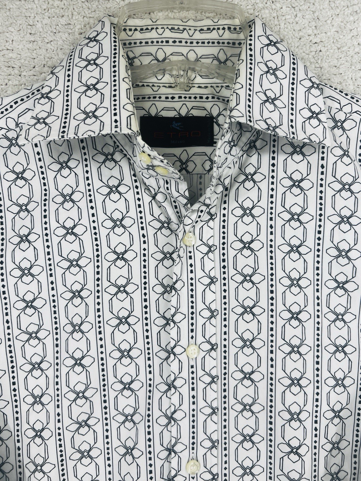 Vintage Etro Shirt Mens M Geometric Tile Stripe 100% Cotton Made in Italy Y2K
