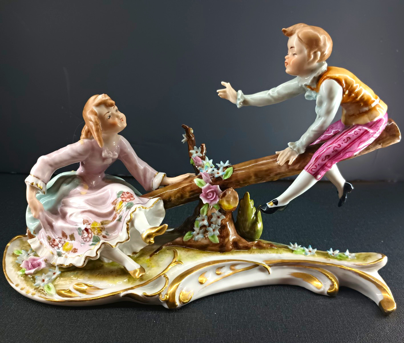 Vintage Andrea by Sadek Dresden Style Porcelain Figurine Boy & Girl Seesaw 6056 Vintage Andrea by Sadek Dresden Style Porcelain Figurine Boy & Girl Seesaw 6056
