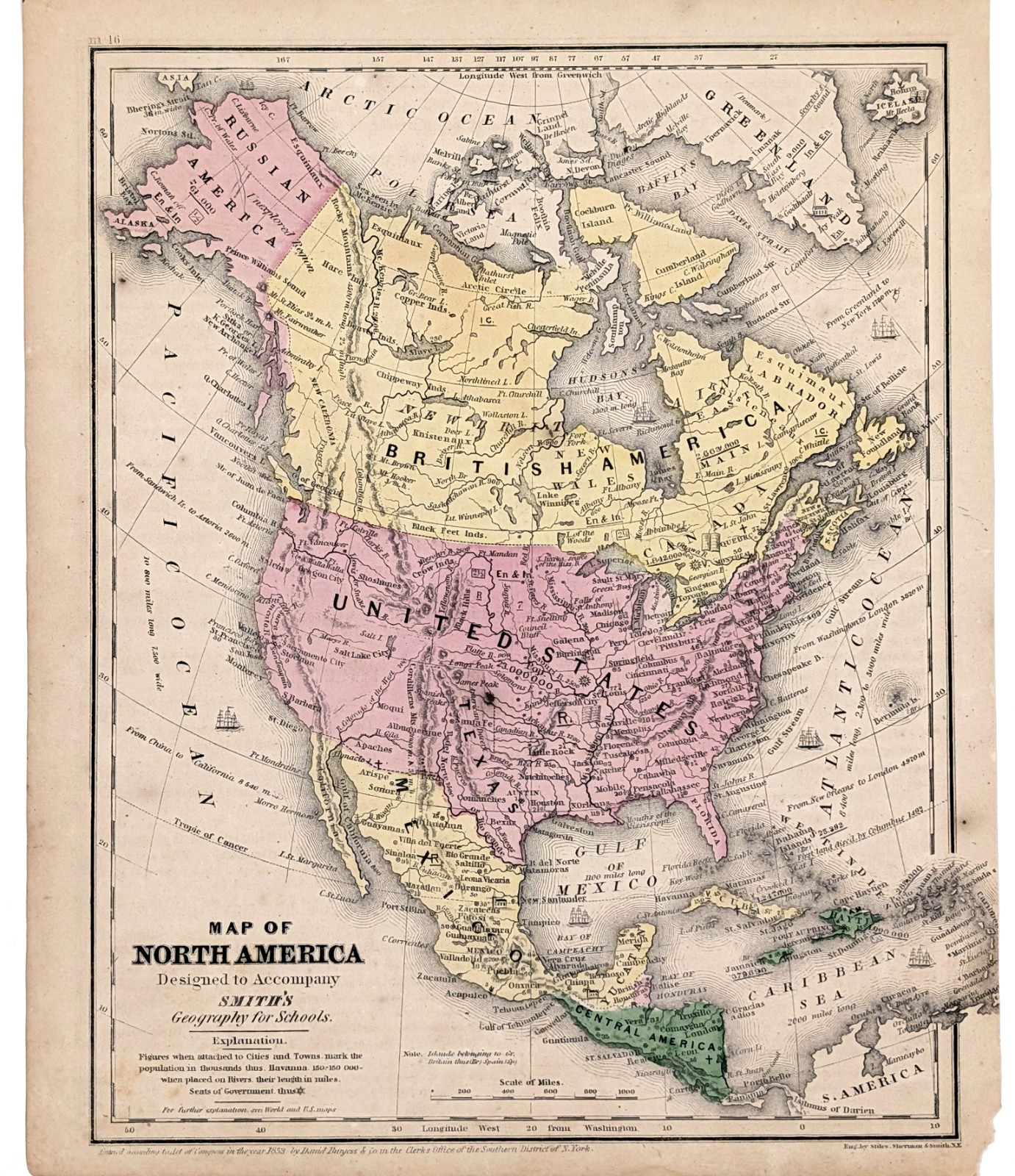 1857 NORTH AMERICA Map Stove Pipe Texas - United States - Mexico ORIGINAL