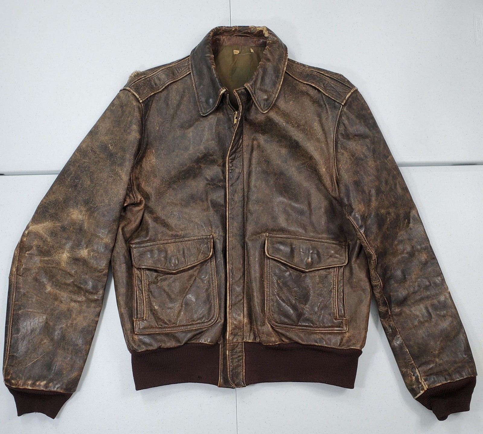 Repair  True Vintage Leather Jacket Men ~L.XL Brown Bomber Made USA Distressed