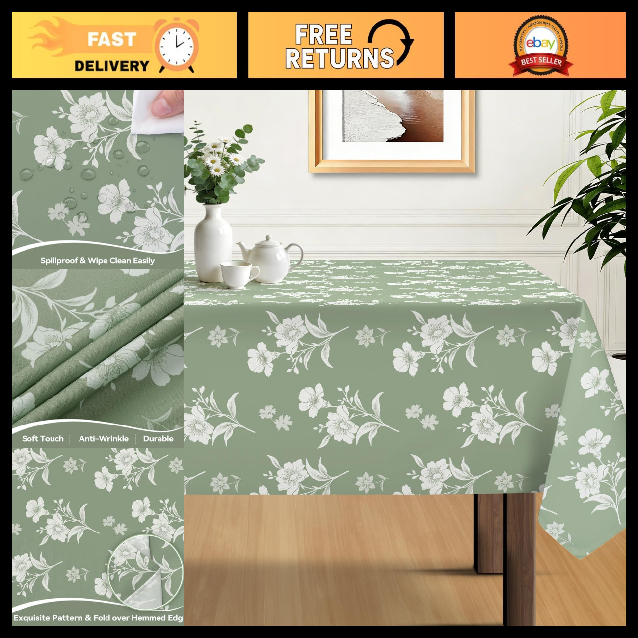Floral Sage Green Rectangle Tablecloth Cover 60x120 Inch - Spring Decor, Elegant