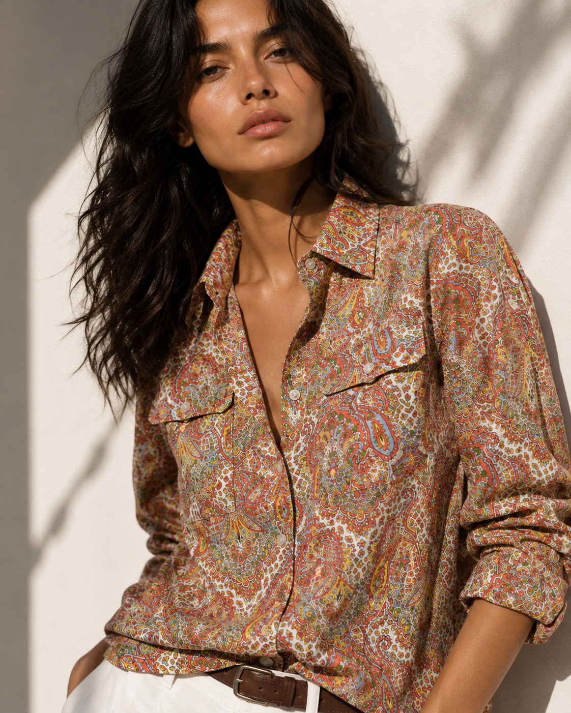 Talbots Petites Paisley Button Front Shirt Women\'s 10 Cotton Long Sleeve Top
